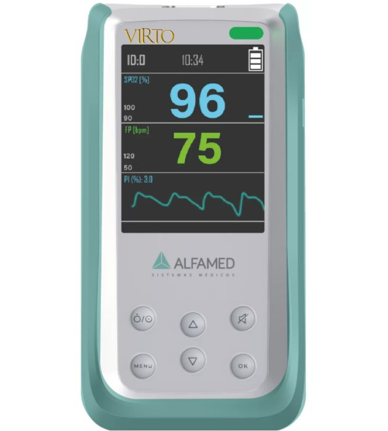 Oxímetro VIRTO (Com Bateria Recarregável) Com Sensor Pediátrico/Neonatal - Alfamed Oxímetro VIRTO (Com Bateria Recarregável) Com Sensor Pediátrico/Neonatal - Alfamed